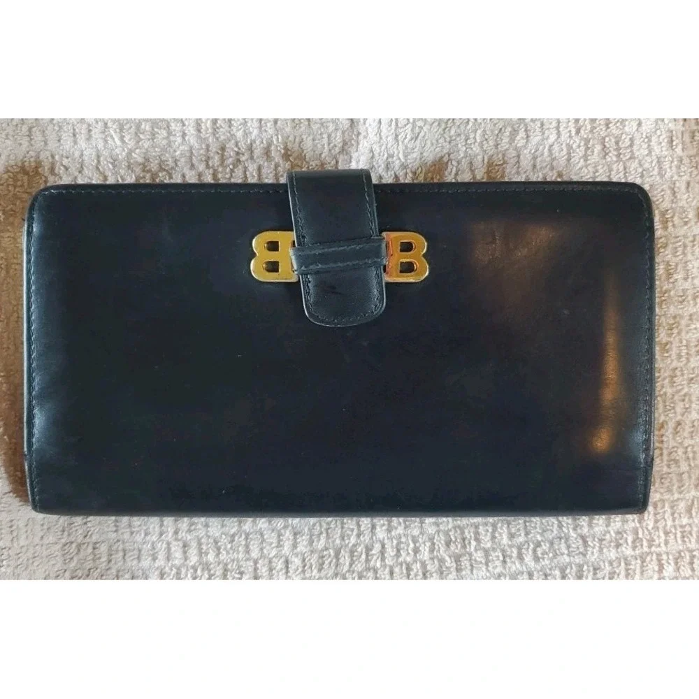 Bally Vtg Black Leather Kisslock Bifold Wallet Women Double B Logo Made In Italy